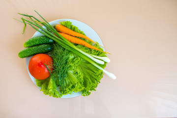 Vegetables on a white dish with copy space