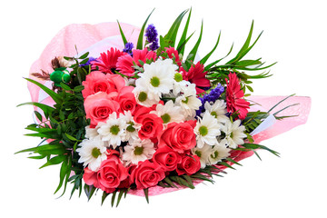 A bouquet of flowers is located on the car. natural lighting. flowers of roses and daisies.