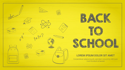 Back to school banner design on yellow board background. Ad concept. Vector illustration