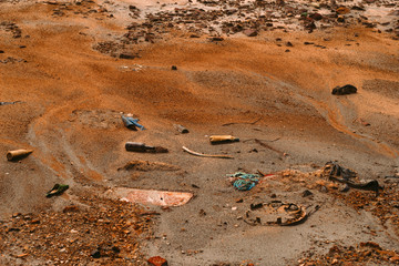 landscape with red soil polluted copper mining factory in Karabash, Russia, Chelyabinsk region, the dirtiest city on Earth