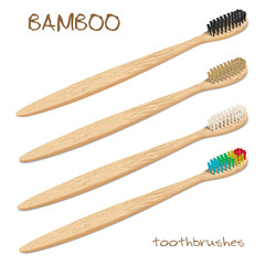 Bamboo toothbrushes. Varicoloured, natural bristle. Zero waste, Biodegradable material. Eco-friendly products. Isolated on white background. Different viewpoint angle. Vector illustration.