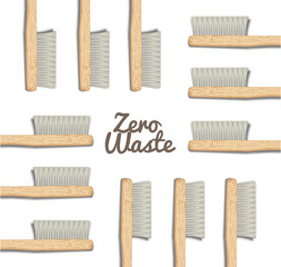 Banner Bamboo Toothbrushes Zero waste, set of brushes with white bristles. Biodegradable material. Eco-friendly products. Isolated on white background Vector