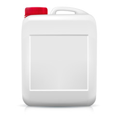 Plastic container mockup for inserting advertising and any image. Bottle for storing liquid substances. White color with a red cap. Front view. Isolated on white background. Vector illustration
