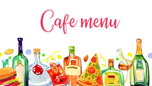 Cafe menu cover design template. Transparent color glass alcohol bottles, food and cocktails in a row. Watercolor hand drawn sketch illustration