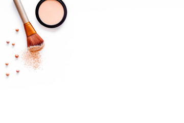 Instruments for make up with brushes, blusher on white background top view mock up