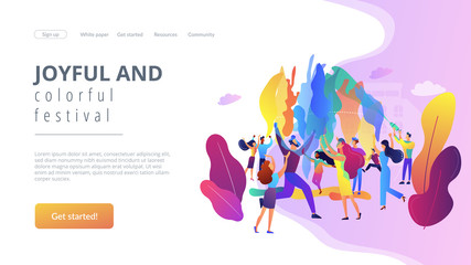 Tiny people enjoying traditional holiday of colors celebration. Holi festival, joyful and colorful festival, city festival day concept. Website homepage landing web page template.