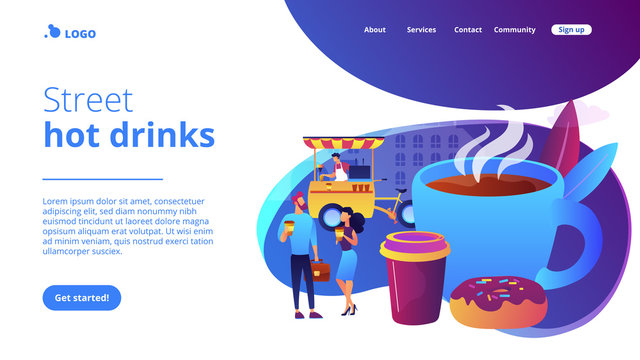 Tiny business people drinking coffee in the street, food cart and huge cup and donut. Street coffee, coffee to go service, street hot drinks concept. Website homepage landing web page template.