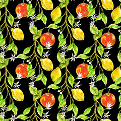 drawn illustrations with a marker of lemon, orange, leaves, twigs, flowers, buds on a black seamless background for use in design, patterns for fabrics, textiles, wallpapers, wrapping paper