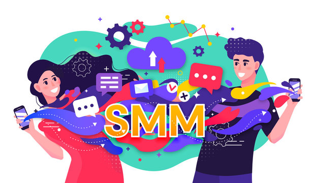 Colorful illustration depicting a SMM Social Media Marketing concept with two happy young people fast streaming dating data between their smartphones. Vector Flat Illustration.