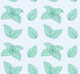 Handdrawn green leaves mint seamless pattern 