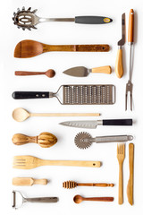 Pattern of cookware for chef work on white background top view