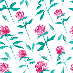 Pink flowers blossom watercolor painting - hand drawn seamless pattern on white background