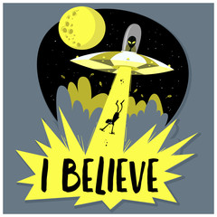 UFO abducts human. Space ship UFO ray of light in the night sky. Vector