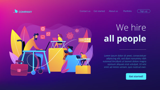 Person adaptation with disability. Office workplace, coworking zone. Disabled employment, work for disabled people, we hire all people concept. Website homepage landing web page template.