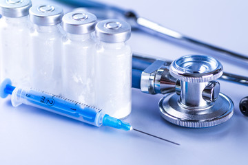 Drug prescription for treatment medication. Pharmaceutical medicament, cure in container for...
