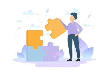 People connect the elements of the puzzle. Strong team. Team business. Vector graphics