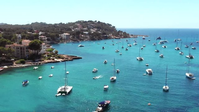 AERIAL View of boats, yachts moored of Santa Ponsa Beach in Mallorca
