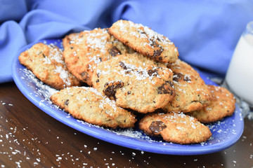 Oat flakes baked cookies with coconut flour and chocolate flakes