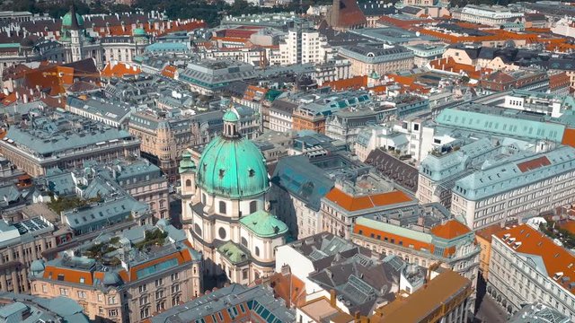 VIENNA, AUSTRIA - JUNE, 2019: City skyline aerial shot. Cathedrals and cityscape. Significant tourist sites from above