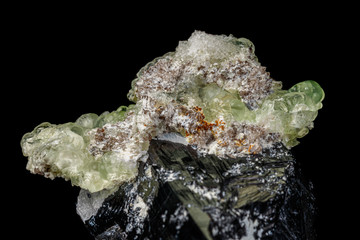 Macro stone Hyalite mineral, tourmaline Sherl, smoky quartz on a black background