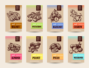 Nuts set sketch style food illustrations. Hand drawn beautiful pictures