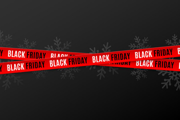 Red ribbons for black friday sale on black background. Crossed ribbons. Snowflakes background. Graphic elements. Vector illustration