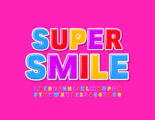 Fototapeta na wymiar Vector colorful banner Super Smile. Uppercase glossy Font. Modern bright Alphabet Letters and Numbers