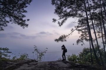 Silhouette a Photographer shooting photo under pine trees with cloudy sky background, sunrise at Nok Aen Cliff, Phu Kradueng, Loei, Thailand.