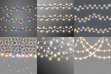 Set of christmas lights isolated realistic design elements. Glowing lights for Xmas Holiday cards, banners, posters, web design. Garlands decorations. Vector illustration.