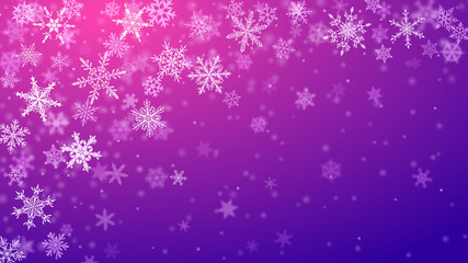Fototapeta na wymiar Christmas background of complex blurred and clear falling snowflakes in purple colors with bokeh effect