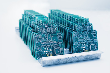 Closeup of a board for computer equipment. Modern technology and computerization