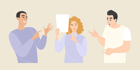 Set of vector illustrations of young people with different emotions and gestures. The girl shows an empty sheet of paper.