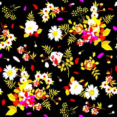 Bright seamless floral pattern in white, yellow, pink and red colors on black backgound. Print for fabric.