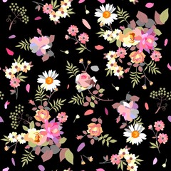 Motley seamless ditsy floral pattern. Petals, leaves and bunchs of garden flowers on black background.