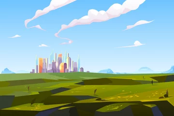 Rolgordijnen Futuristic city in green valley among mountains, modern megapolis with glass buildings stand on beautiful nature landscape background on summer time, skyscrapers reflect sun Cartoon vector © vectorpouch