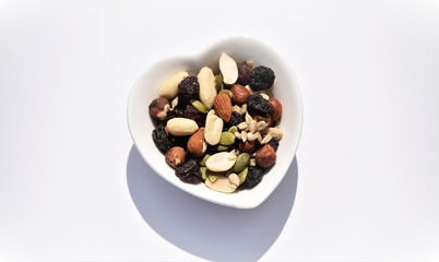 Fruit, nut and seed mix: flame raisins, peanuts, sunflower seeds, pumpkin seeds, dried cranberries, hazelnuts, almonds.
