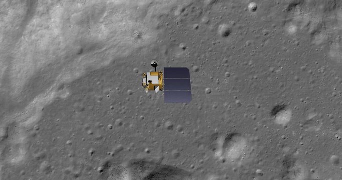 Top-down view of LRO positioning itself for a data gathering pass above Harpalus Crater, Sinus Roris. Elements of this image furnished by NASA
