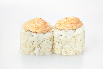 Sushi rolls japanese food isolated on white background. California Sushi roll with tuna, vegetables and unagi sauce closeup.