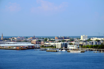 Naklejka na ściany i meble Panorama of the Charleston, South Carolina. View from the passing container ship. 