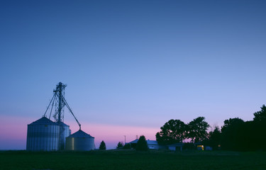 Farm at Dusk, Grain Silo, Trees, Barn, and Fields 1