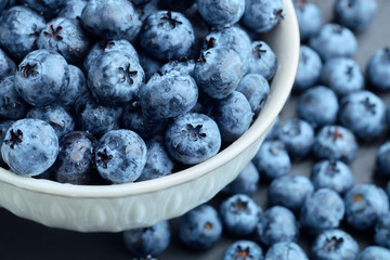 Fresh selected blueberries in bowl, close-up