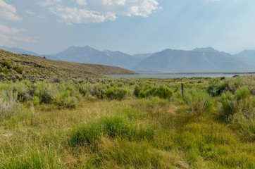 scenic view of Sierra Nevada mountains and Lake Crowley from Layton Springs (Mono county, California, USA)
