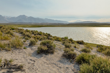 scenic view of Sierra Nevada mountains and Long Valley from Warm Lake (Mono County, California, USA)