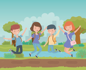 happy friends celebrating in the park scene vector illustration