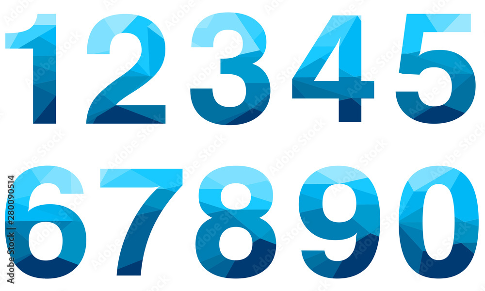 Wall mural set of blue vector polygon numbers font with long shadow. low poly illustration of flat design.