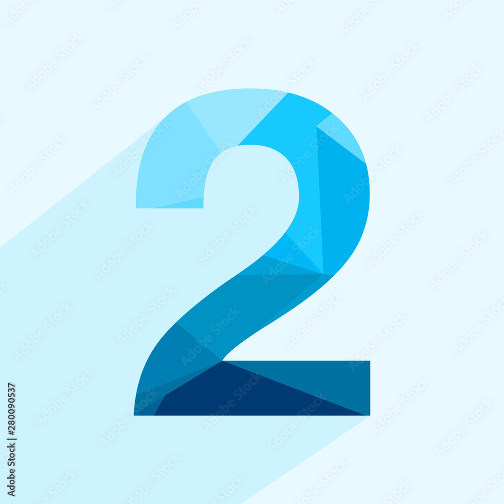 Wall mural blue vector polygon two number font with long shadow. low poly illustration of flat design.
