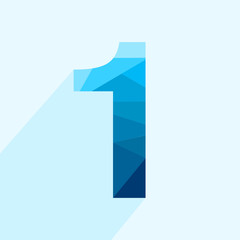 Blue vector polygon one number font with long shadow.  Low poly illustration of flat design.
