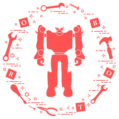 Robot, cubes, screwdriver, wrench, screw, hammer.