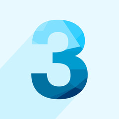 Blue vector polygon three number font with long shadow.  Low poly illustration of flat design.