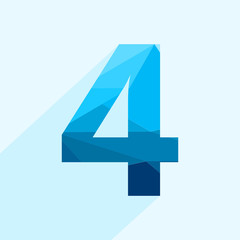 Blue vector polygon four number font with long shadow.  Low poly illustration of flat design.
